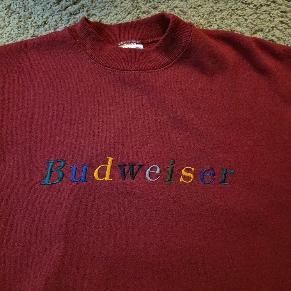 Vintage Hanes Budweiser Sweatshirt Mens XXL Maroon Red Embroidered Logo 90s USA - Picture 2 of 8